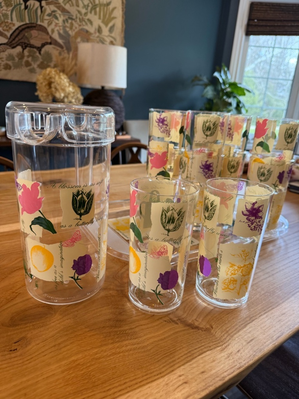 Vintage Pricisioncraft Print Glass Pitcher, Tumbler & Tray Set